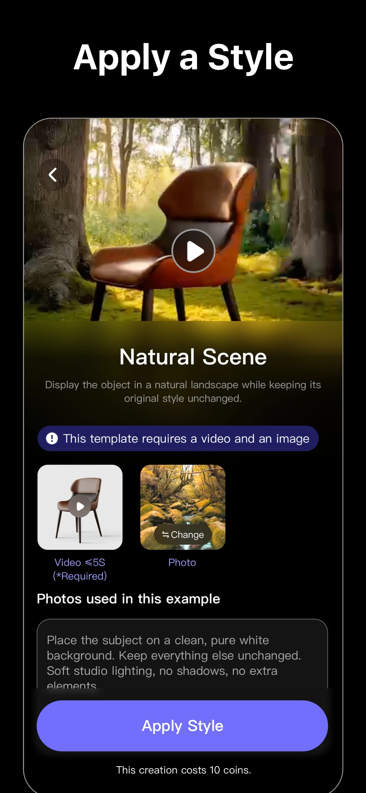 Current App Store artwork showing the Natural Scene template with video and reference-photo inputs