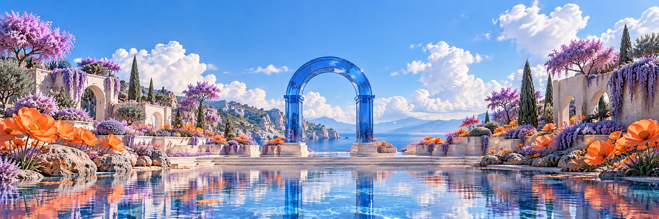 A cobalt glass arch in a lavender garden with orange flowers and a reflecting pool, a creative illustration